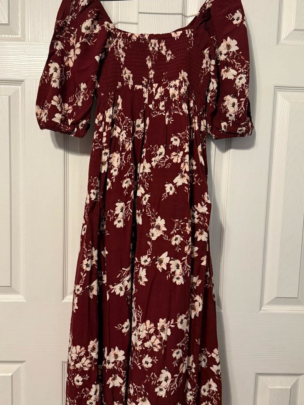 Maurices Burgundy Floral Maxi Dress with Puff Sleeves
